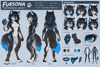 create a custom fursona, anthro oc, furry ref sheet, or fursuit reference