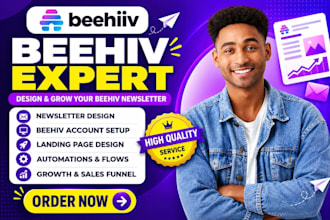 fully setup beehiiv newsletter, redesign beehive landing page, beehiiv website