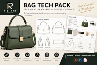 create bag tech pack, handbag tech pack and technical drawings for production