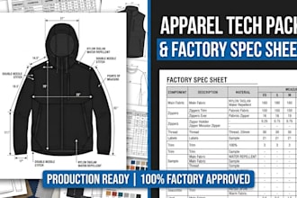 create factory ready streetwear clothing tech pack, flat sketches and spec sheet