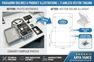 draw vector line art packaging dieline, box assembly, and hang tag illustration