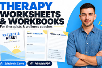 design therapy worksheets, mental health journal and workbooks design in canva