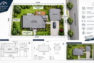 draft residential site plans with property setbacks, structures, and dimensions