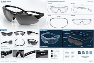 design 3d sunglasses, sports protective eyewear tech packs and technical drawing