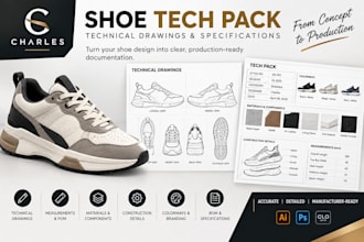 create shoe tech pack, footwear tech pack, technical drawings and specifications