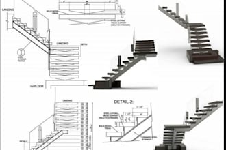 create steel staircase shop drawing, 3d model and railing details