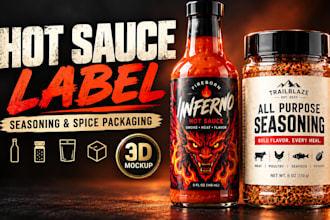 design hot sauce label, seasoning and spice packaging for bottle with 3d mockup