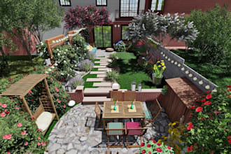 create a garden landscape design with 3d rendering and planting plan