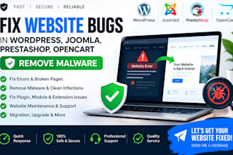 fix website bugs in wordpress, joomla, prestashop, opencart remove malware