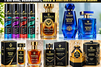 create luxury perfume packaging, logo, cosmetic label with custom label