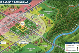 create permit radius maps showing parcels, zoning, applications and project map
