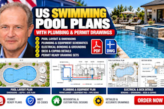 design US swimming pool plans with plumbing and permit drawings
