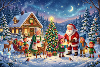llustrate magical christmas scenes, characters
