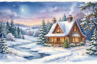 create a watercolor christmas house and winter landscape