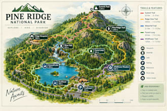 design custom hiking trail map, adventure map, park map, tourist map