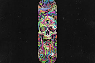 design artwork psychedelic, comic, skull for skateboards