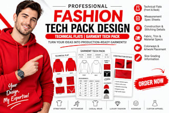 be fashion tech pack designer, technical flat, garment tech pack for production