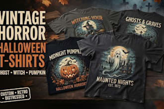 design vintage horror halloween t shirts with ghost, witch and pumpkin