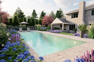design swimming pool, pool plans, 3d rendering, landscape and backyard