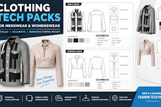 create detailed clothing tech packs for menswear and womenswear