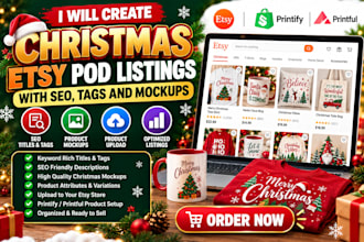 create christmas etsy pod listings with SEO, tags and mockups