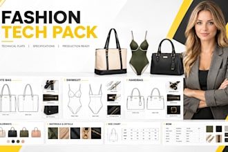 create fashion tech packs technical flats apparel tote bags handbags swimsuits