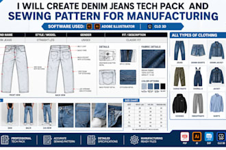 create denim jeans tech pack and sewing pattern for manufacturing
