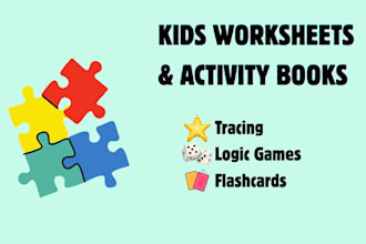 design custom kids worksheets, activity book pages, or flashcards