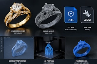 create custom 3d jewelry cad design, stl and 3dm files for 3d printing