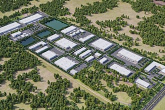 visualize industrial complex masterplan, factory layout, industrial park render