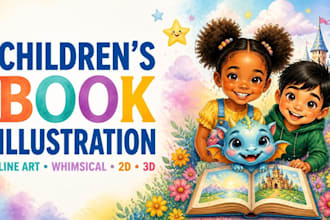 do line art children whimsical, 2d, 3d children book illustration of any style