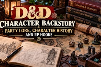 write dnd character backstory, party lore, character history and rp hooks