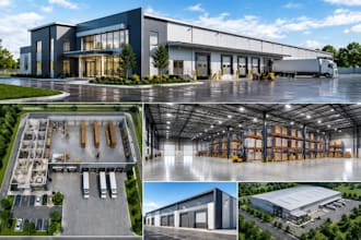 do 3d industrial building, 3d warehouse design, factory architecture, 3d render