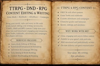 edit ttrpg, dnd, rpg content, game books, rulebooks, adventures and campaigns