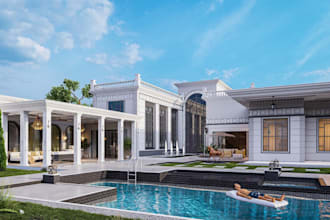 photoreal mansion buildng,balcony,driveway,3d interior,exterior rendering,facade