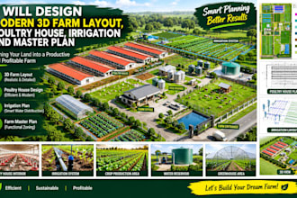 design modern 3d farm layout, poultry house with irrigation plan and master plan