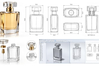 create premium 3d perfume bottle design and technical drawing