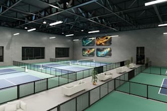 render indoor sport facility, padel tennis court design, pickleball court visual