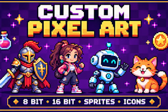 create 8 bit pixel art design, icons, object, logo, pets or any characters