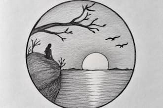 draw minimal one colour sunset illustration