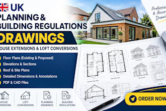draw UK planning and building regulation for house extension and loft conversion