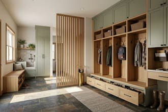 create 3d interior mudroom layouts, custom storage and wood partitions
