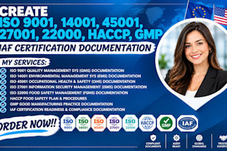 iso 9001, 14001, 45001, 27001, 22000, haccp, gmp iaf certification documentation