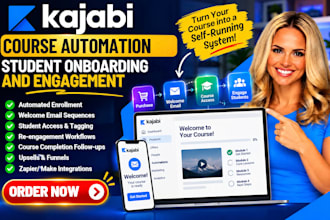 setup kajabi course automation, email sequences, funnels and student onboarding