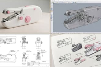 design a handheld sewing machine with 3d cad, rendering and technical drawing