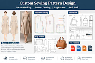 create custom sewing pattern, bag pattern design, pattern grading, and tech pack