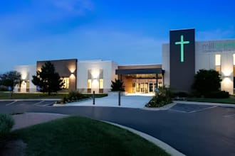 design a beautiful modern church building and facade
