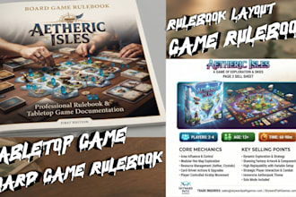 design a board game rulebook, sell sheet, game manual and player guide