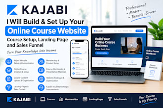 build kajabi online course website, course setup, landing page and sales funnel