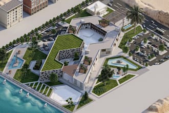 turn sketches to cultural center render, hospitality building, terrain site plan